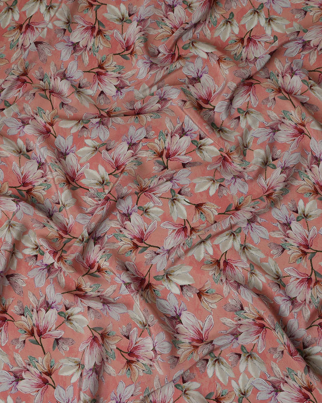 Coral Peach Orange Floral Viscose Crepe Fabric 110cm