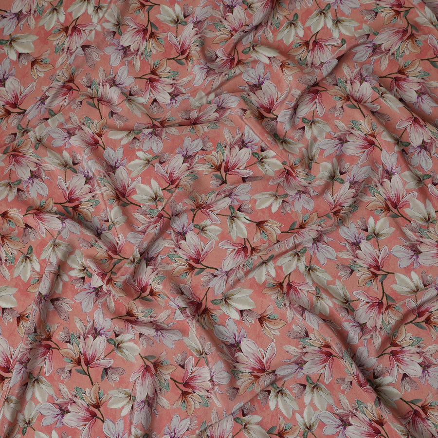 Coral Peach Orange Floral Viscose Crepe Fabric 110cm