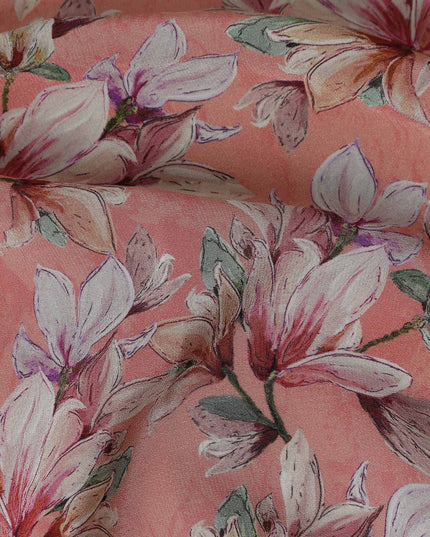 Coral Peach Orange Floral Viscose Crepe Fabric 110cm