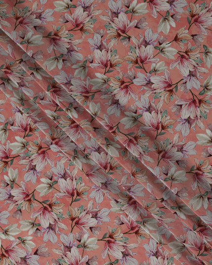 Coral Peach Orange Floral Viscose Crepe Fabric 110cm