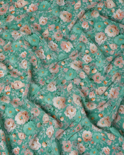 Jade Teal Green Bouquet Viscose Crepe Fabric 110cm