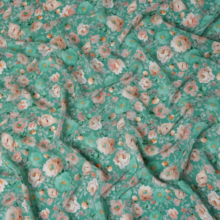 Jade Teal Green Bouquet Viscose Crepe Fabric 110cm