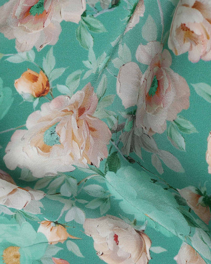 Jade Teal Green Bouquet Viscose Crepe Fabric 110cm
