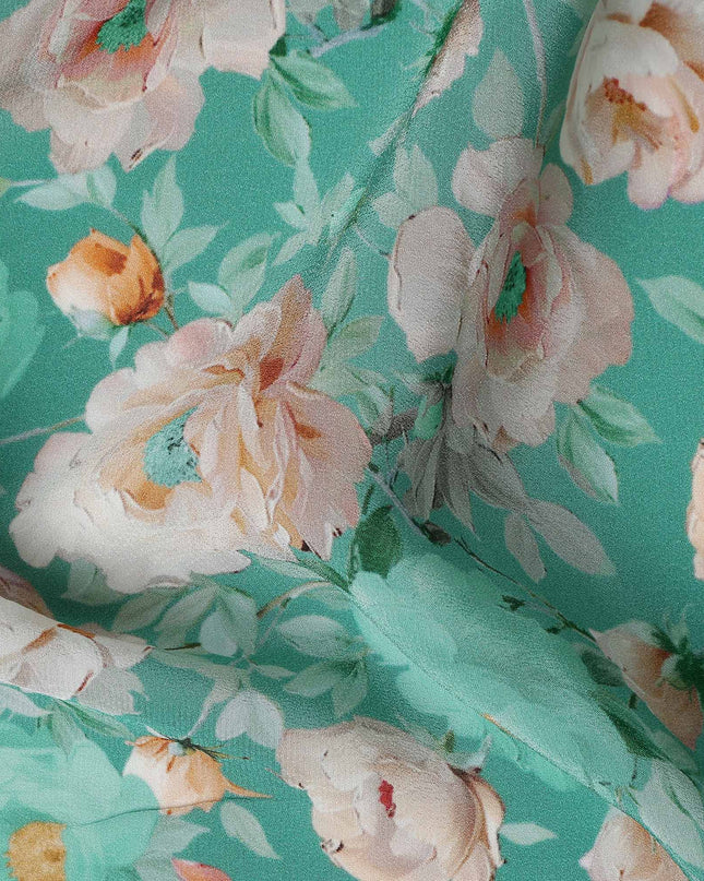 Jade Teal Green Bouquet Viscose Crepe Fabric 110cm