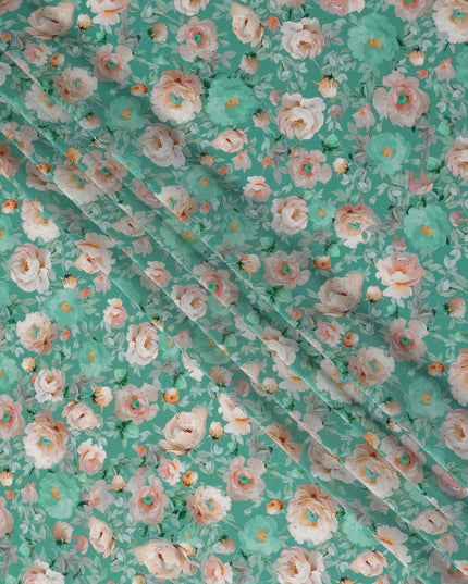 Jade Teal Green Bouquet Viscose Crepe Fabric 110cm