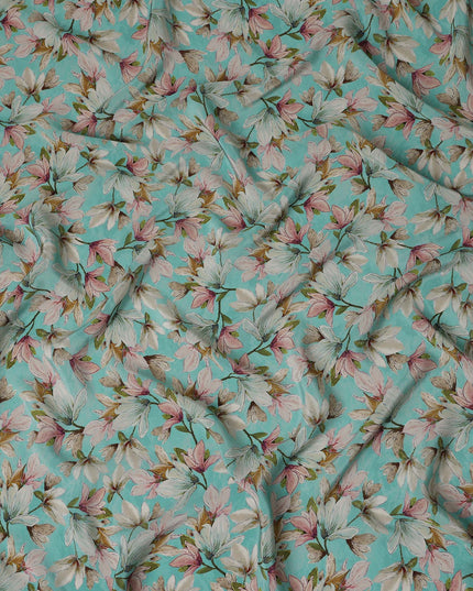 Turquoise Aqua Blue Floral Viscose Crepe Fabric 110cm