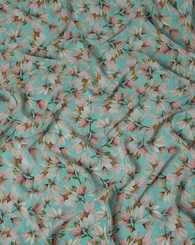 Turquoise Aqua Blue Floral Viscose Crepe Fabric 110cm