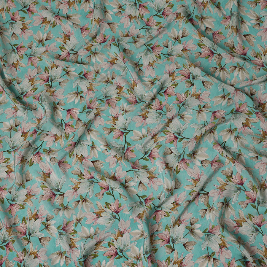 Turquoise Aqua Blue Floral Viscose Crepe Fabric 110cm