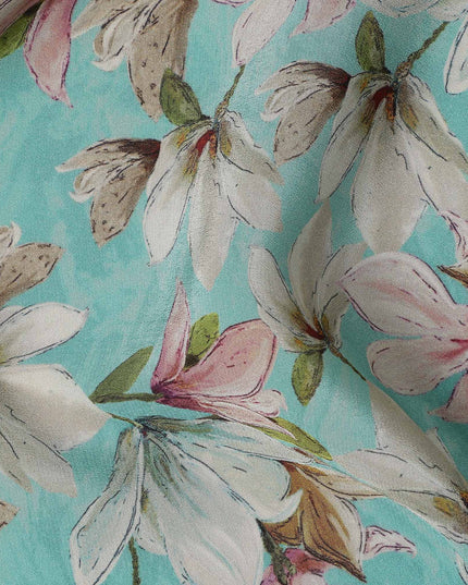 Turquoise Aqua Blue Floral Viscose Crepe Fabric 110cm