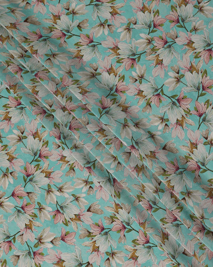 Turquoise Aqua Blue Floral Viscose Crepe Fabric 110cm