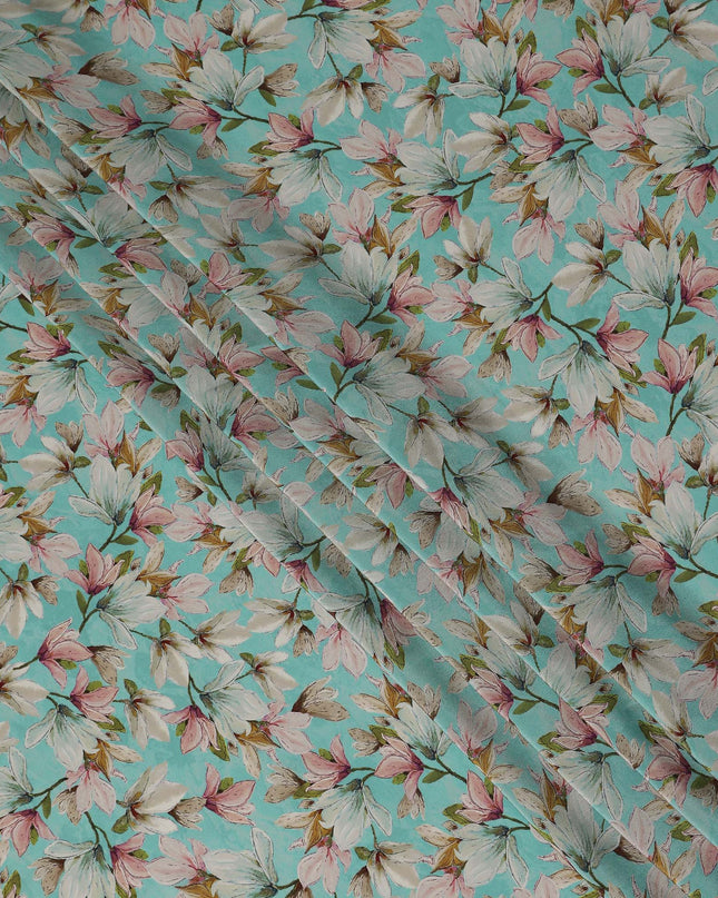 Turquoise Aqua Blue Floral Viscose Crepe Fabric 110cm
