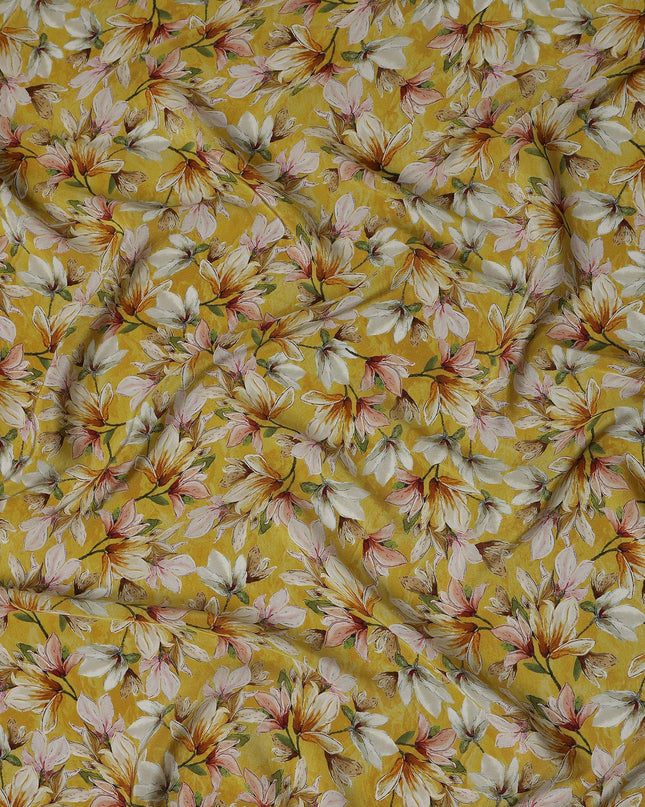 Golden Mustard Yellow Floral Viscose Crepe Fabric 110cm