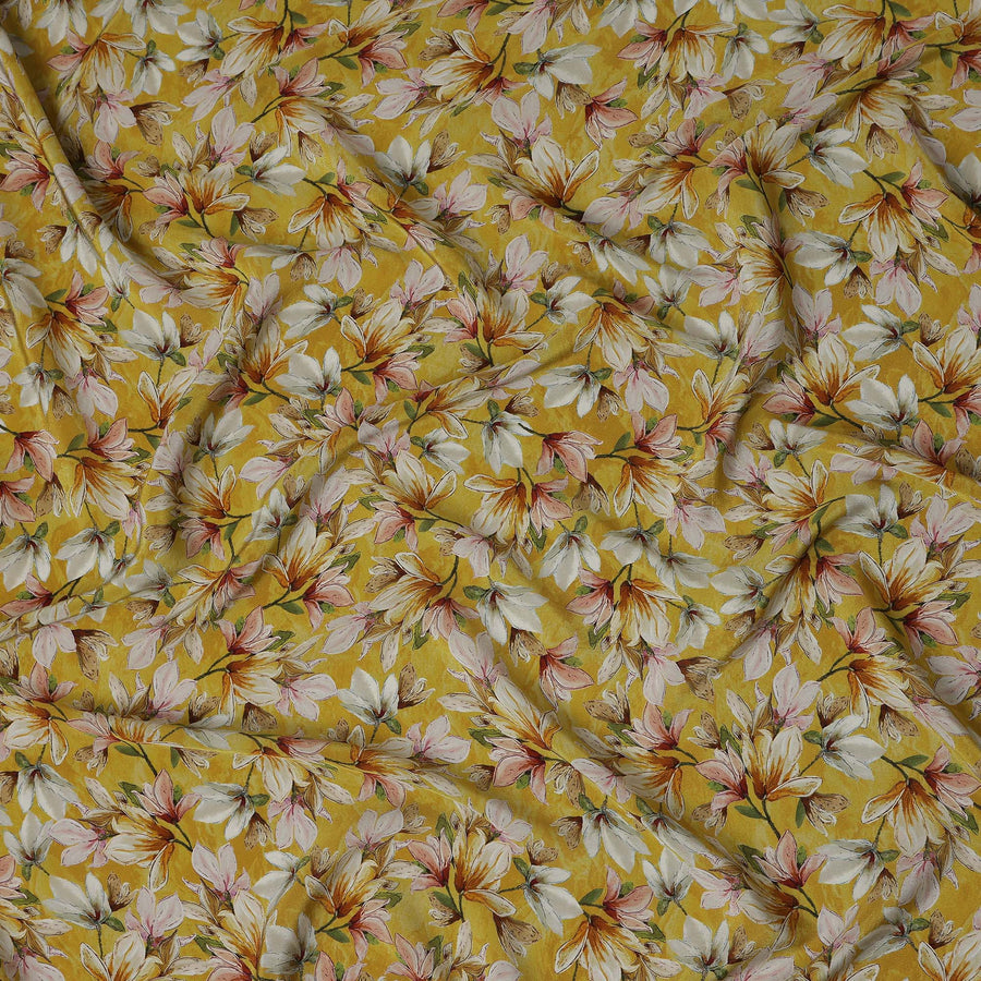 Golden Mustard Yellow Floral Viscose Crepe Fabric 110cm