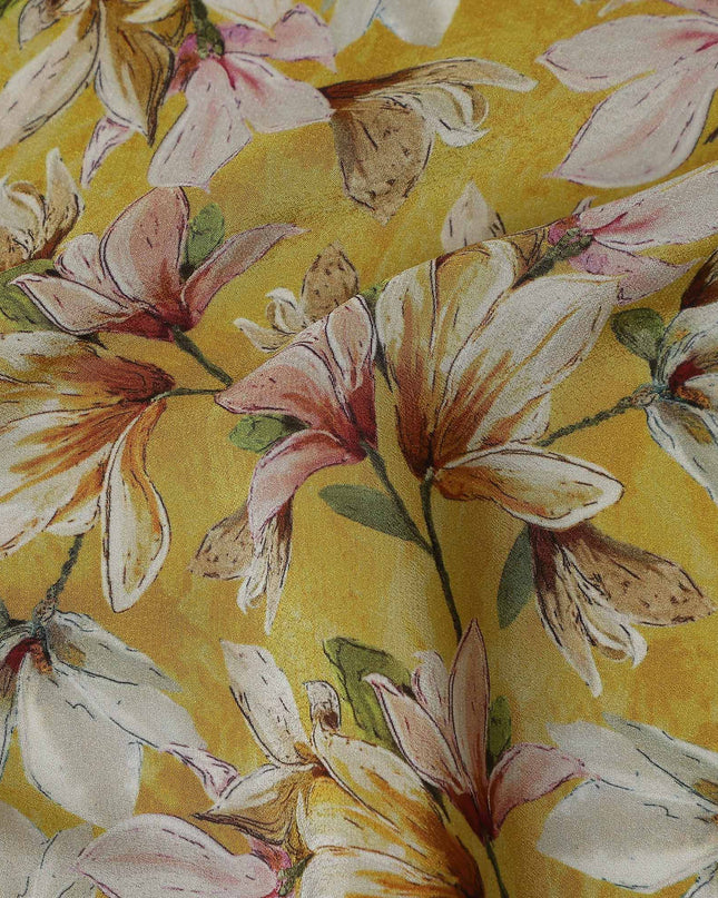 Golden Mustard Yellow Floral Viscose Crepe Fabric 110cm