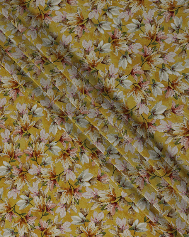 Golden Mustard Yellow Floral Viscose Crepe Fabric 110cm