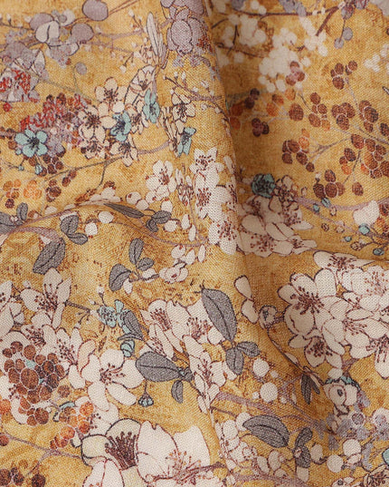 Mustard Gold Yellow Floral Blended Linen Fabric 110cm