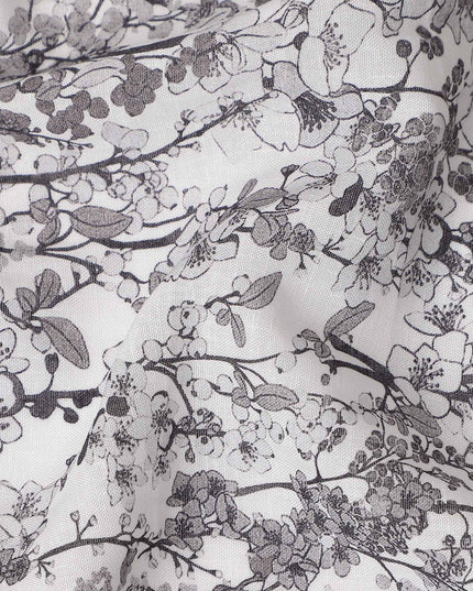 Charcoal Grey Floral Blended Linen Fabric 110cm