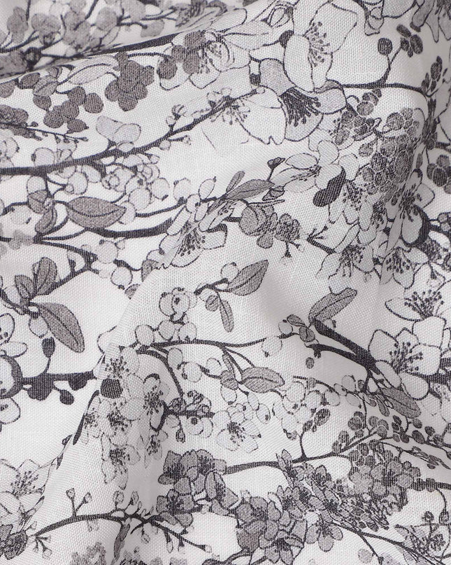 Charcoal Grey Floral Blended Linen Fabric 110cm