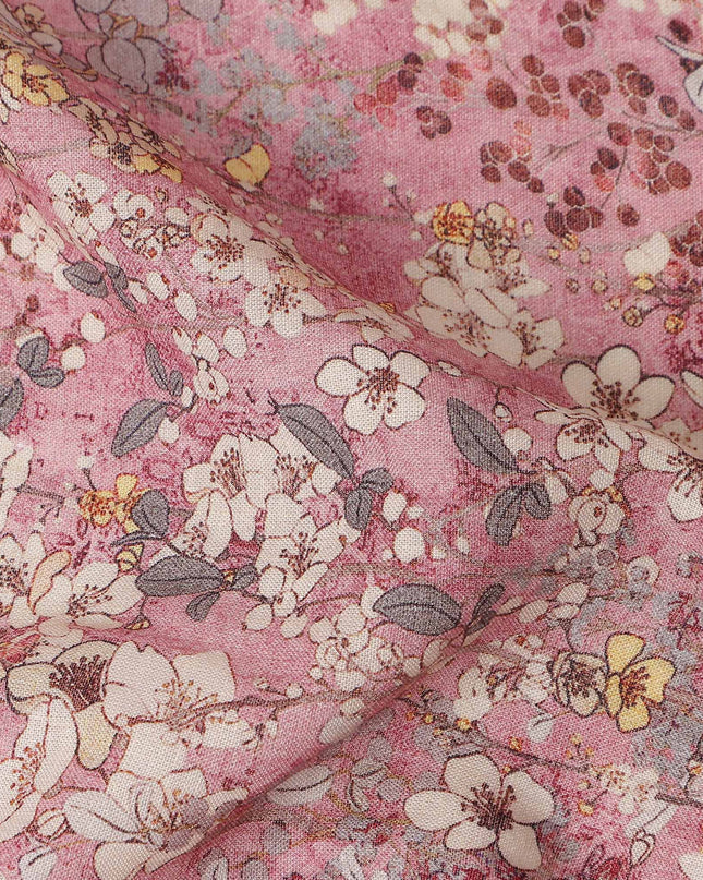 Dusty Rose Pink Floral Blended Linen Fabric 110cm