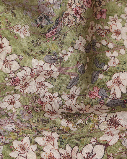 Olive Moss Green Floral Blended Linen Fabric 110cm