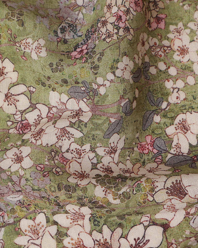 Olive Moss Green Floral Blended Linen Fabric 110cm