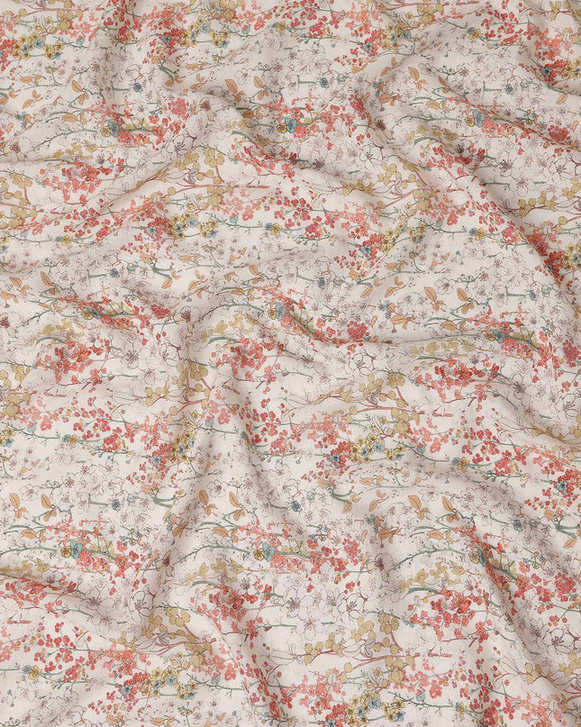 Coral Blossom Pink Floral Blended Linen Fabric 110cm