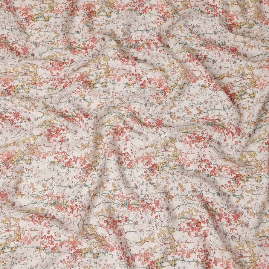 Coral Blossom Pink Floral Blended Linen Fabric 110cm
