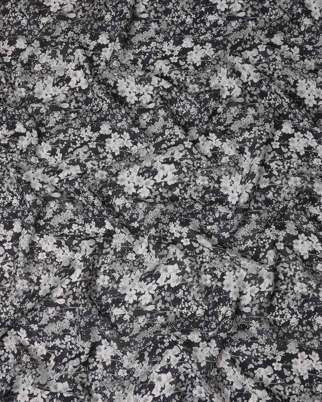 Midnight Black Floral Blended Linen Fabric 110cm