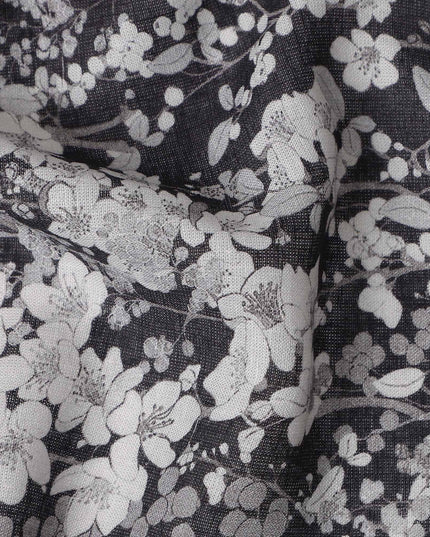 Midnight Black Floral Blended Linen Fabric 110cm