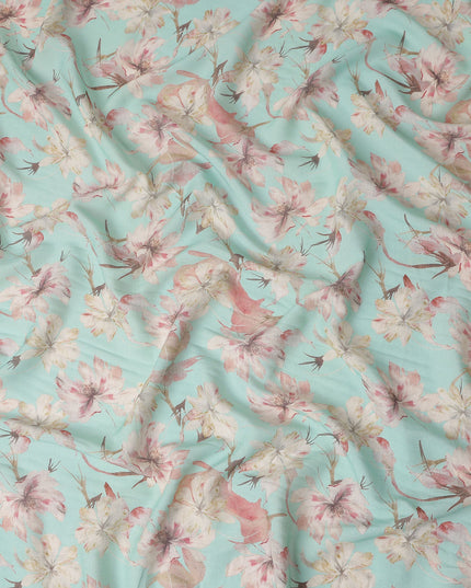 Mint Aqua Green Floral Blended Linen Fabric 110cm