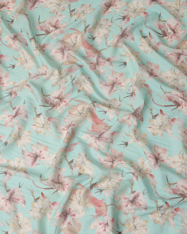 Mint Aqua Green Floral Blended Linen Fabric 110cm