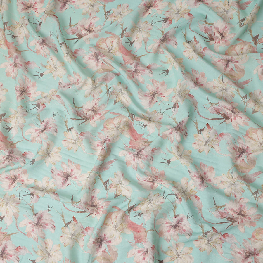 Mint Aqua Green Floral Blended Linen Fabric 110cm