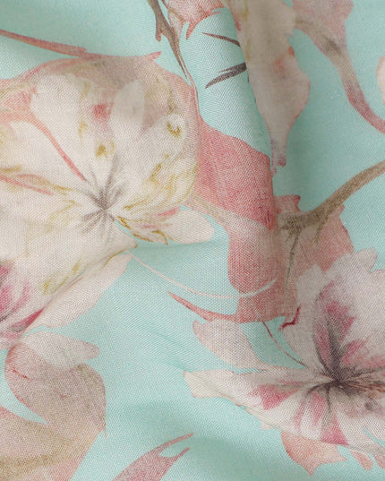 Mint Aqua Green Floral Blended Linen Fabric 110cm