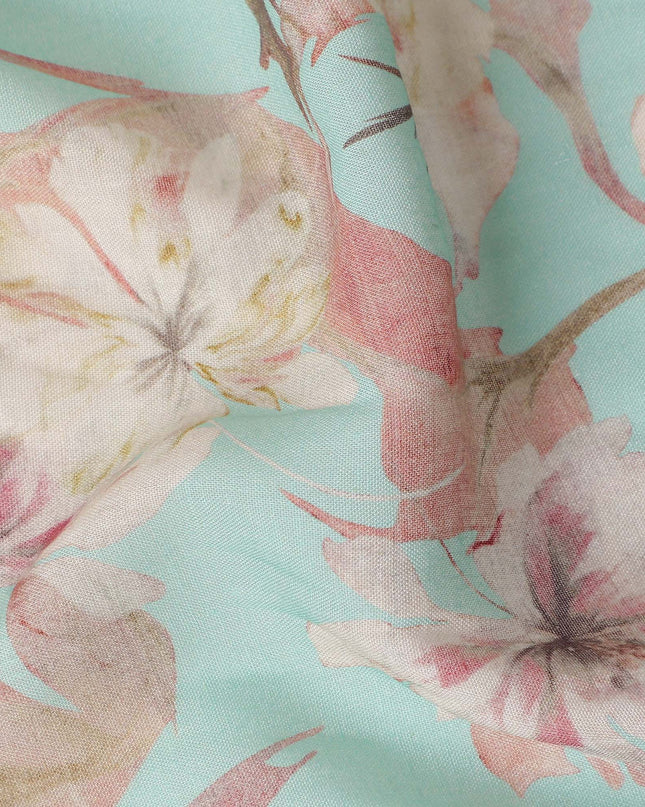Mint Aqua Green Floral Blended Linen Fabric 110cm