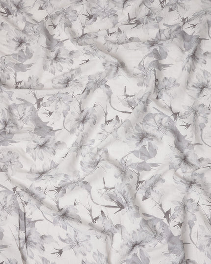 Silver Grey Floral Blended Linen Fabric 110cm