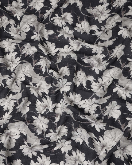Charcoal Black Floral Blended Linen Fabric 110cm