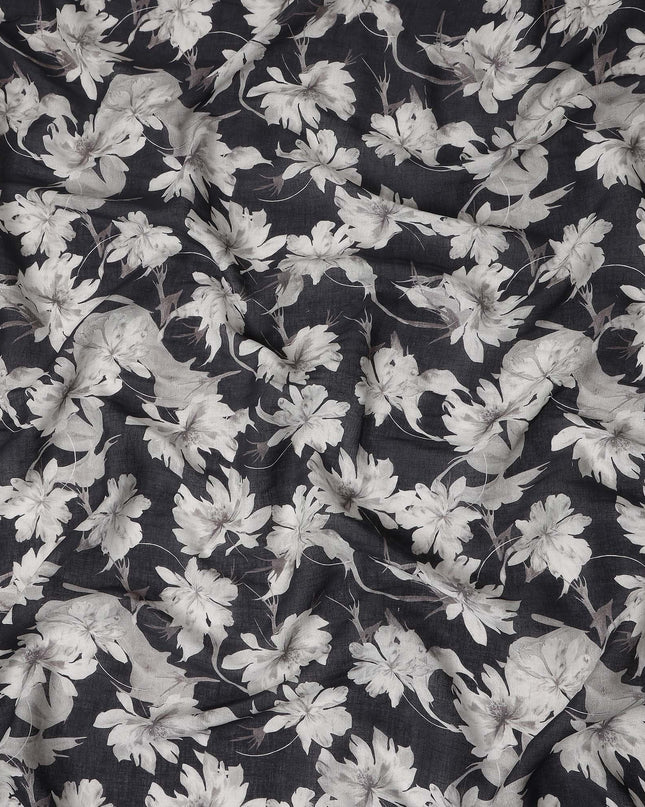 Charcoal Black Floral Blended Linen Fabric 110cm