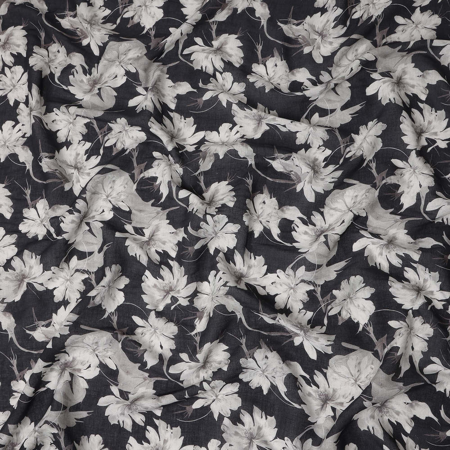Charcoal Black Floral Blended Linen Fabric 110cm