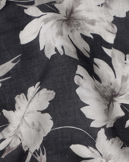 Charcoal Black Floral Blended Linen Fabric 110cm