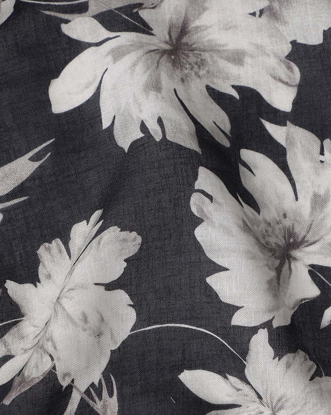 Charcoal Black Floral Blended Linen Fabric 110cm