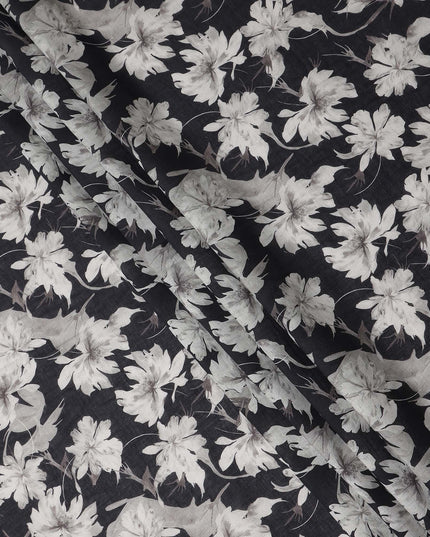Charcoal Black Floral Blended Linen Fabric 110cm