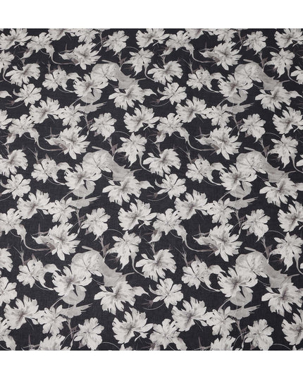Charcoal Black Floral Blended Linen Fabric 110cm