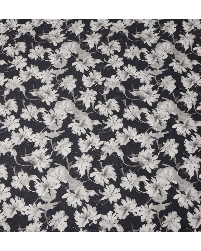 Charcoal Black Floral Blended Linen Fabric 110cm