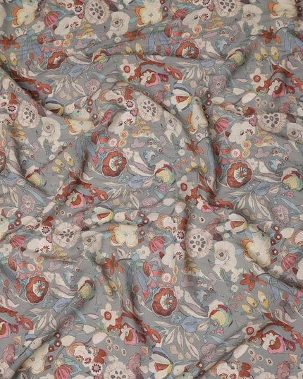 Dove Grey Floral Blended Linen Fabric 110cm