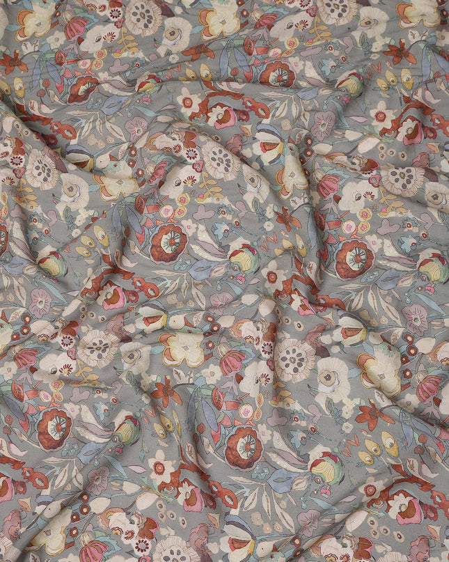 Dove Grey Floral Blended Linen Fabric 110cm