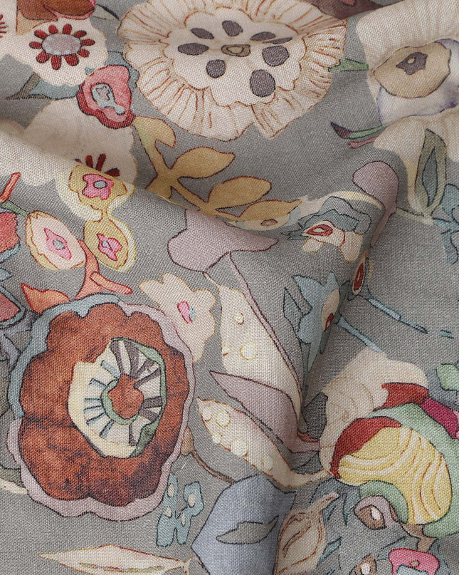 Dove Grey Floral Blended Linen Fabric 110cm