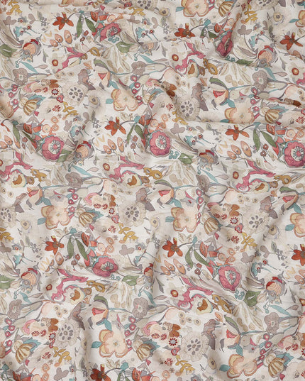Dusty Rose Multicolor Floral Blended Linen Fabric 110cm