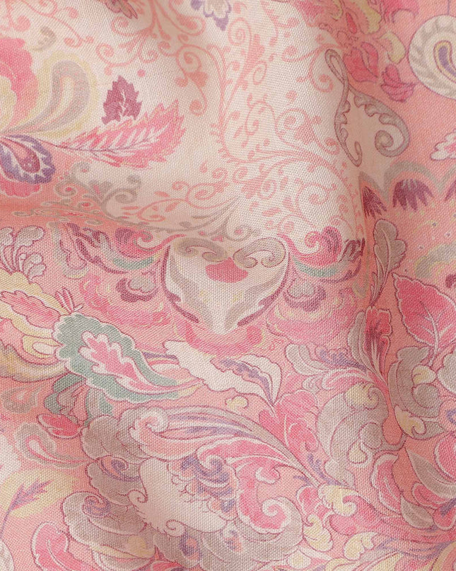 Coral Pink Paisley Blended Linen Fabric 110cm