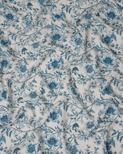 Denim Teal Blue Floral Blended Linen Fabric 110cm