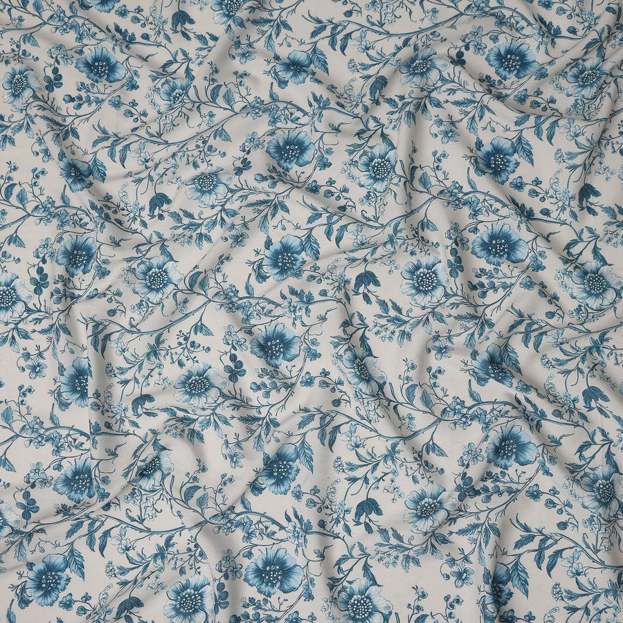 Denim Teal Blue Floral Blended Linen Fabric 110cm